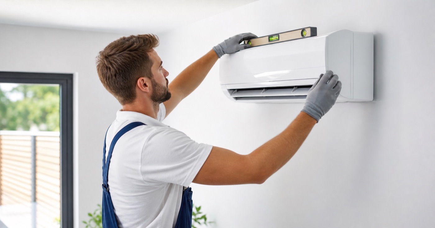 Technicien intervenant sur une unité de climatisation devant une maison de la région France